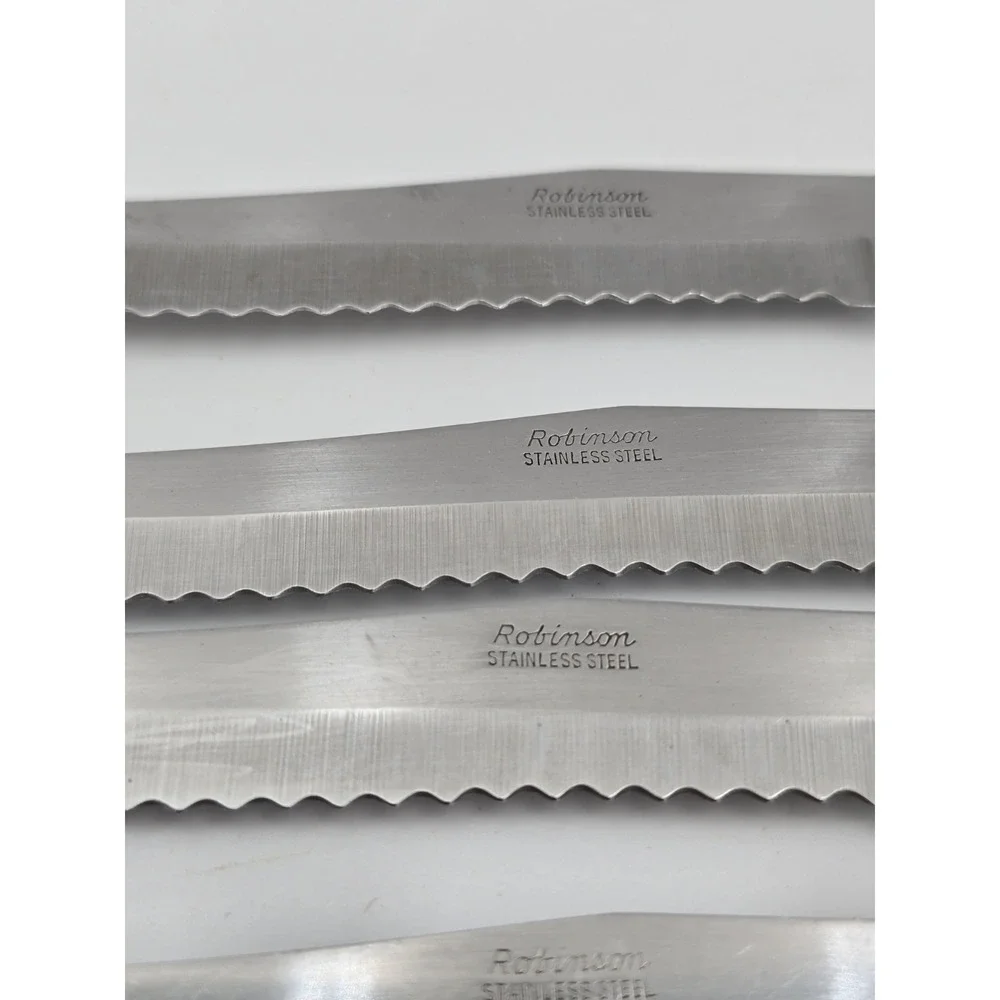 VTG Robinson Serrated Steak Knives Stainless Steel USA Wood Handles Set 5 Holder